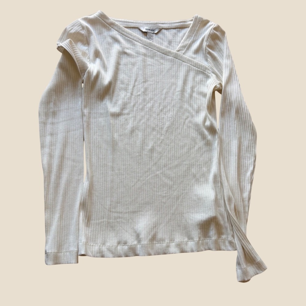 SPANX Womens Small Surplice V-Neck Long Sleeve Top White Slim aymmetric neckline